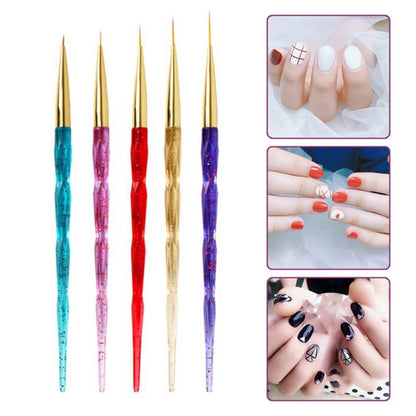 Set of 5 acrylic nail painting pens with gold tips in blue, pink, red, gold, and purple