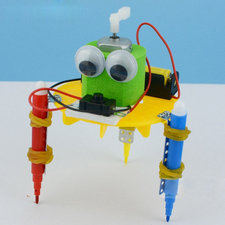 DIY solar robot toy with green head, two white eye sensors, and red/blue connector legs