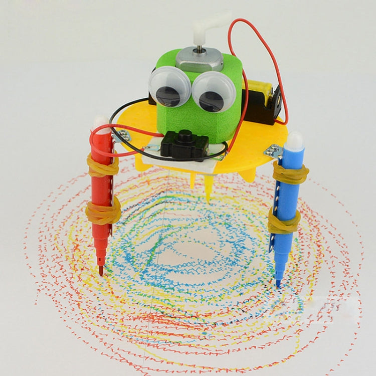 DIY solar robot toy with green/yellow body and red/blue legs on a circular target