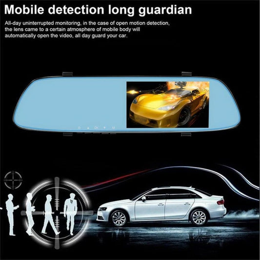 Rearview mirror dash cam with integrated touchscreen showing road scene
