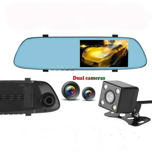 Dual-lens car DVR with rearview mirror display and front/rear camera modules