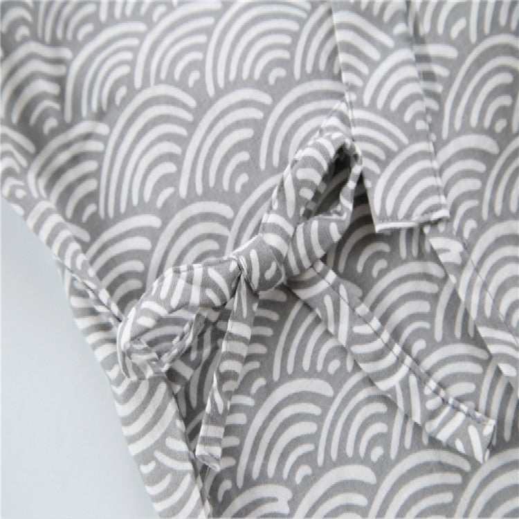 Gray wave-pattern cotton bathrobe with tied belt bow at the waist