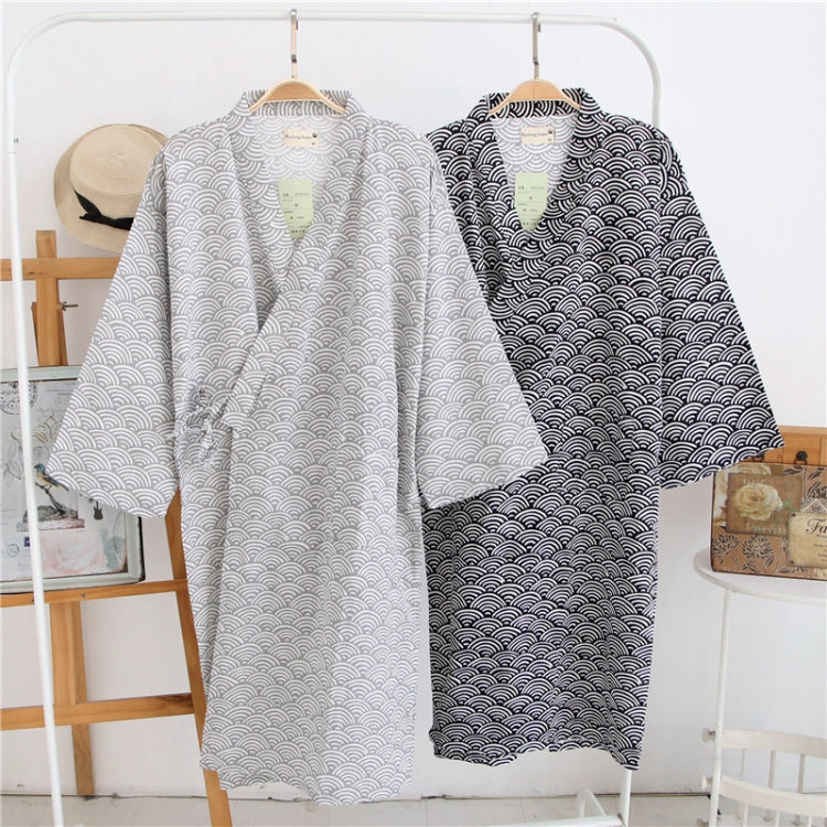 Cotton kimono bathrobes in light gray and dark navy wave patterns