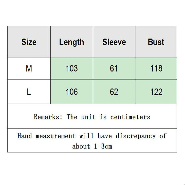 Bathrobe size chart with length, sleeve, and bust measurements for M and L