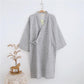 Gray wave-print cotton kimono bathrobe hanging front view with tie closure