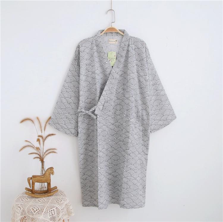 Gray wave-print cotton kimono bathrobe hanging front view with tie closure