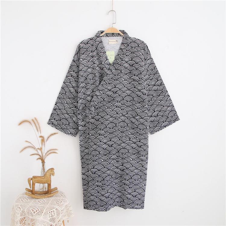 Dark navy wave-pattern cotton kimono bathrobe with V-neck and short sleeves