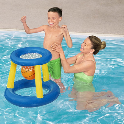 Inflatable pool basketball hoop with orange ball, blue hoop ring and yellow stand