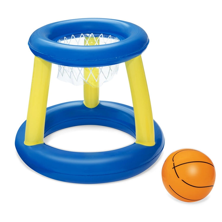 Inflatable basketball hoop with orange ball, blue rim and yellow support legs
