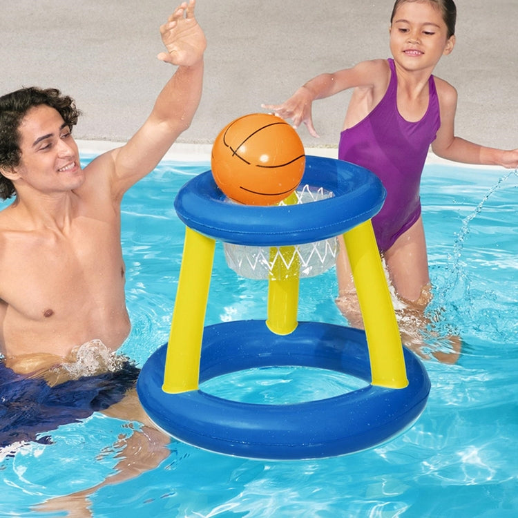 Inflatable pool basketball hoop with orange ball and white net, blue frame, yellow legs