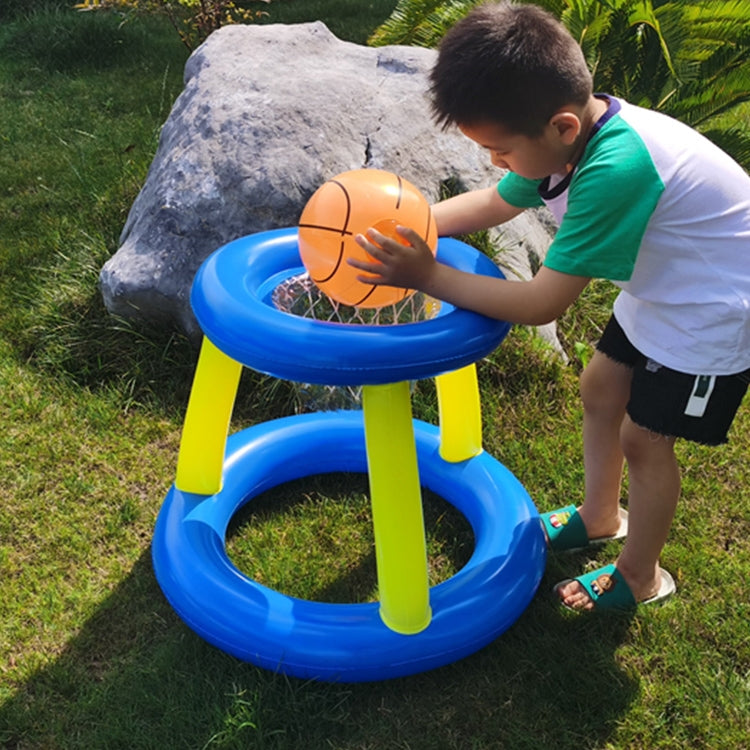 Inflatable basketball hoop with orange ball, blue base rings and yellow legs