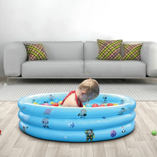 Inflatable three-ring ball pool with cartoon design, kid playing with colorful balls indoors