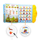 Open educational audio book with colorful lesson pages and two circular picture icons
