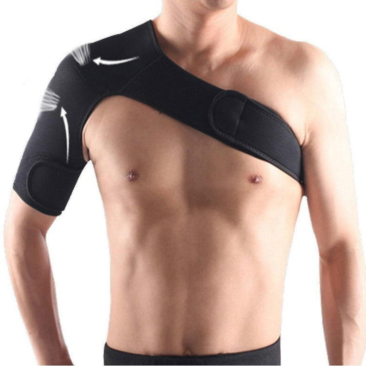 Black breathable shoulder support brace with adjustable strap wrap across the upper arm