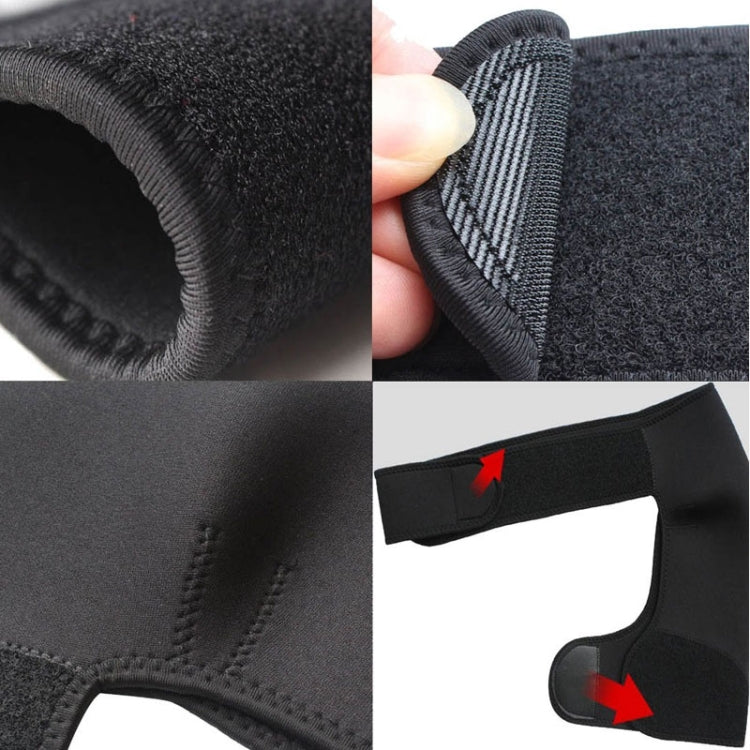 Close-up of black elastic shoulder brace fabric, stitching, and adjustment strap