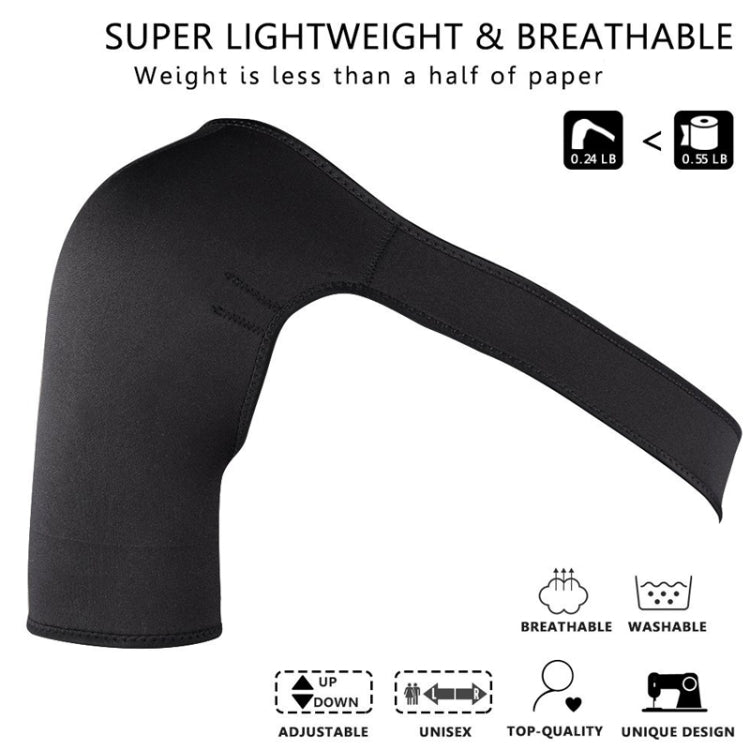 Black adjustable shoulder compression brace with breathable fabric and curved support panel