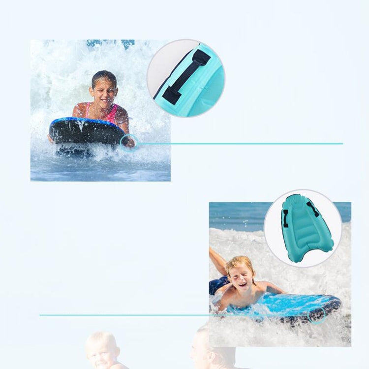 Turquoise inflatable kick board with black strap handle for water use