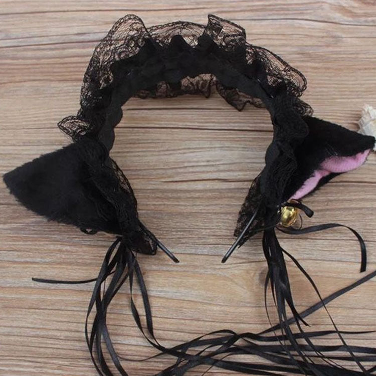 Black lace cat-ear headband with bow ties and pink-lined ears