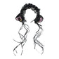 Black lace cat-ear headband with gold bell accent and ribbon tassels