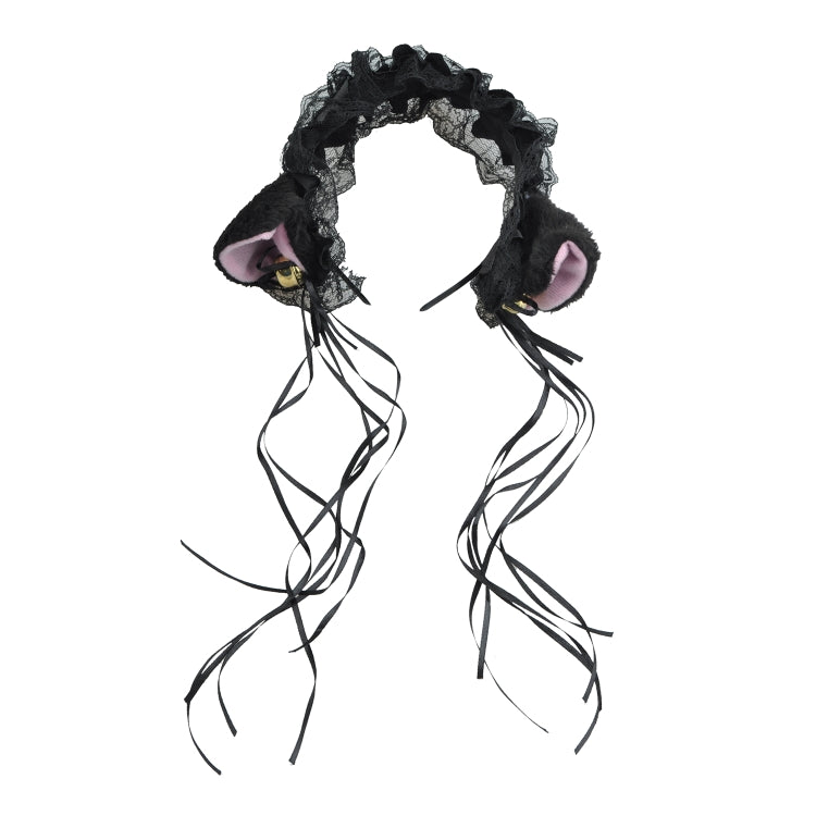 Black lace cat-ear headband with gold bell accent and ribbon tassels
