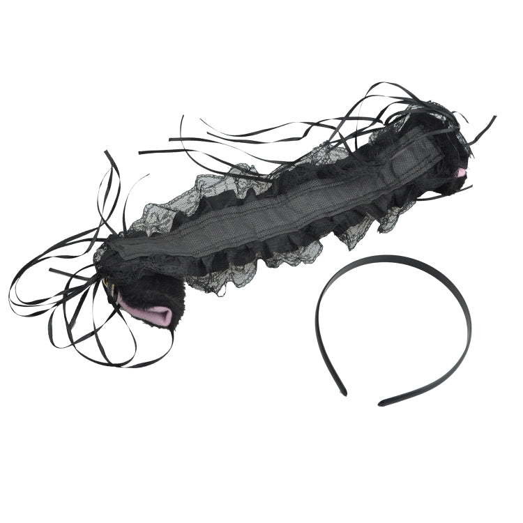 Black lace cat-ear headband laid flat with frilly trim and ribbon ties