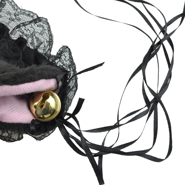 Black lace cat-ear headband detail with gold bell and pink ear lining