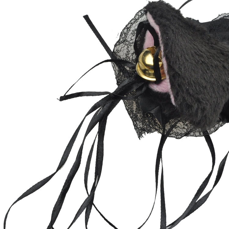 Black lace cat-ear headband close-up with gold bell and dangling ribbons