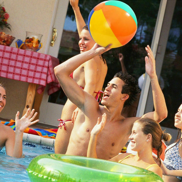 Multicolor inflatable beach ball water toy with striped panels.