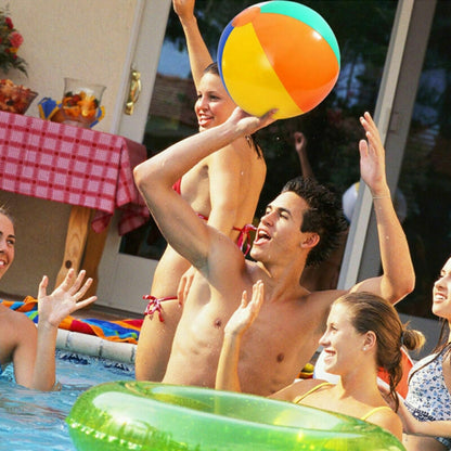 Multicolor inflatable beach ball water toy with striped panels.