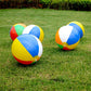 Set of multicolor inflatable beach balls water toys on grass.