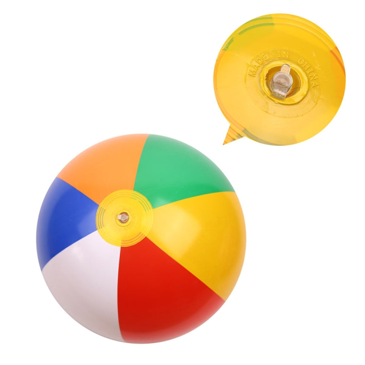 Inflatable beach ball water toy showing multicolor panels and yellow air valve cap.