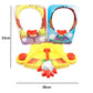 Pie face prank game toy with yellow base, two character panels, and red lever; size shown