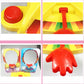 Pie face prank game toy close-ups of red buttons and topping dispenser over yellow board