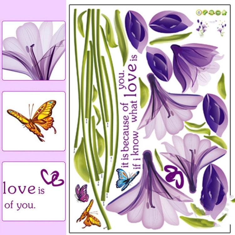 Purple lily and butterfly wall sticker sheet with multiple cutout designs and small text