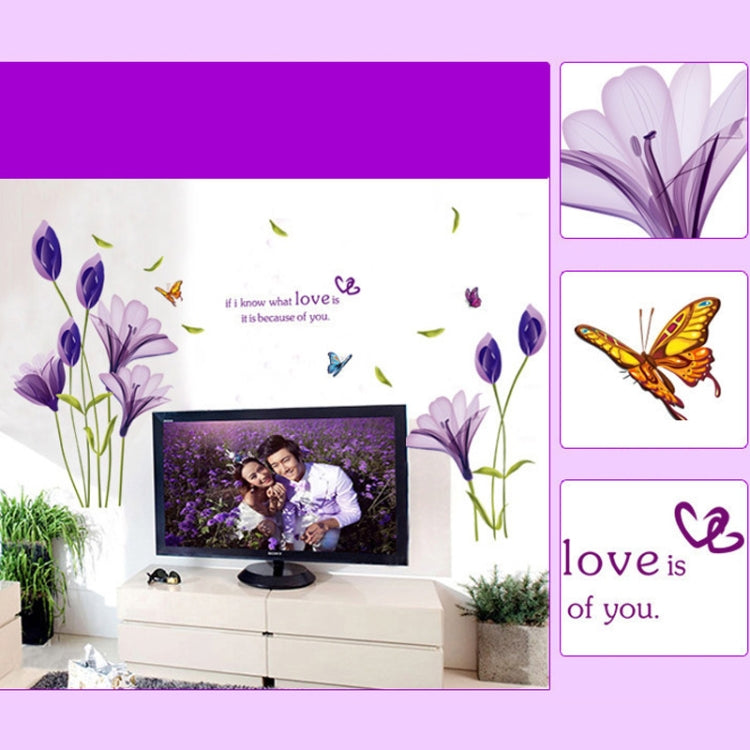 Purple lily wall sticker set on display with butterfly accents and love-themed quote blocks