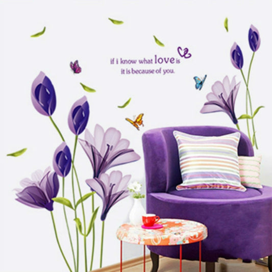 Home Decor DIY Purple Lily Flower Posters Living Room Decorative Wall Stickers Removable Waterproof Stickers, M, L