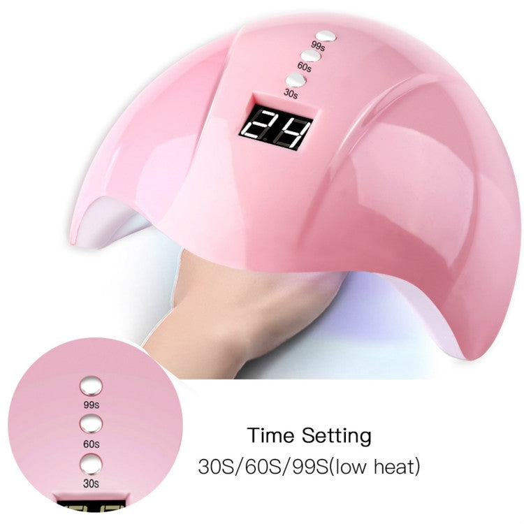 Pink UV LED nail lamp curing with hand inserted; LCD shows timer settings