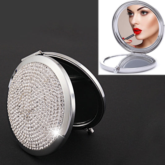 Diamond-encrusted Metal Double Side Folding Mini Portable Round Small Makeup Mirror, White, Red, Pink, Sky Blue, Green, Color White, Bright Black
