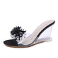Black rhinestone wedge mule with clear block heel and open-toe jeweled strap
