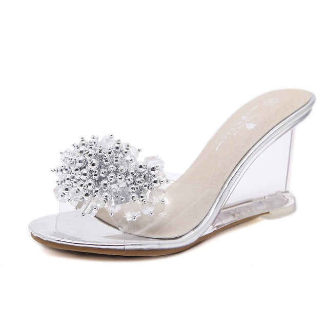 Rhinestone wedge heel slide sandal with silver bead clusters and clear block heel