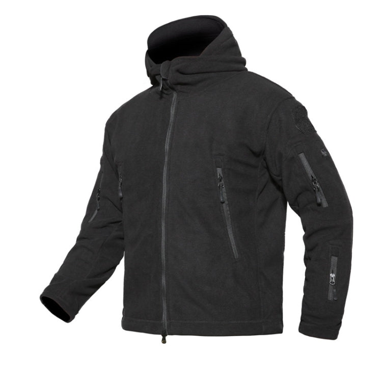 Men's fleece hooded tactical coat, dark gray, side zip pockets and adjustable hood