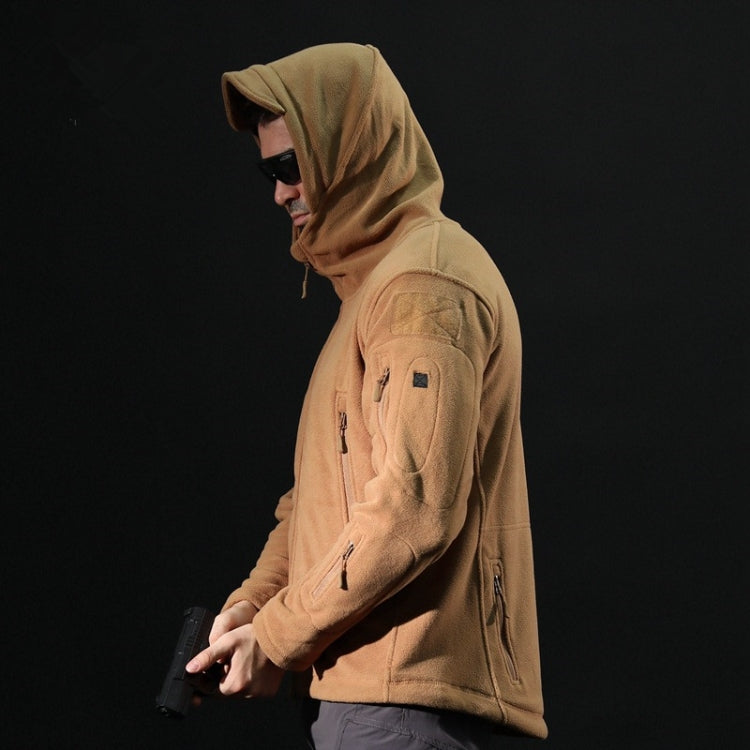 Men's fleece hooded tactical coat, tan, side view with drawstring hood