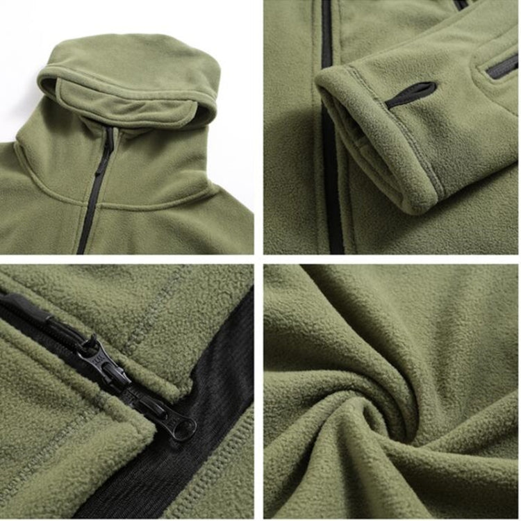 Olive fleece hooded coat detail, drawstring hood and front zipper