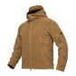 Men's fleece tactical hooded coat in tan, full front zipper, chest and sleeve zip pockets