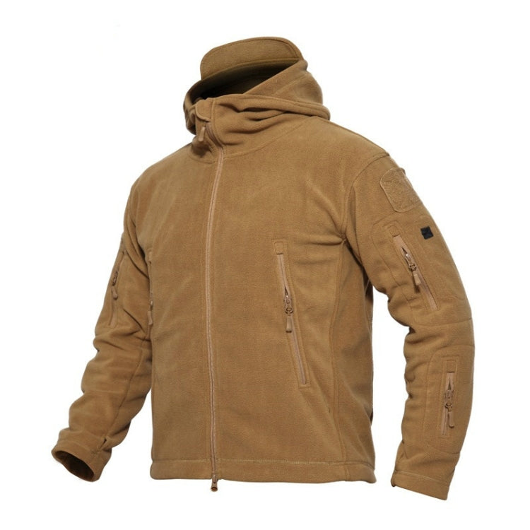 Men's fleece tactical hooded coat in tan, full front zipper, chest and sleeve zip pockets