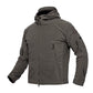Men's fleece tactical hooded coat in dark gray, full front zipper, front zip pocket details
