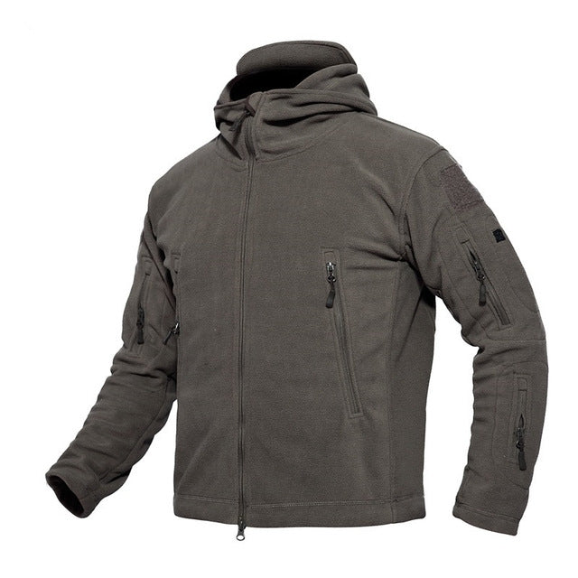 Men's fleece tactical hooded coat in dark gray, full front zipper, front zip pocket details