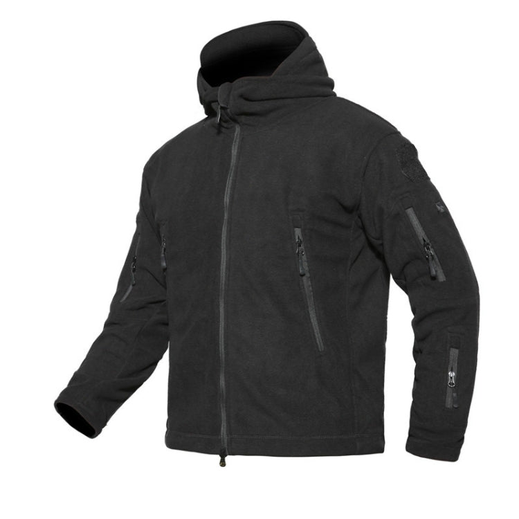 Men's fleece tactical hooded coat in black, full front zipper, hood with drawcord and zip pockets