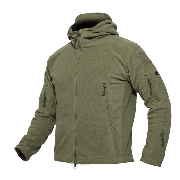 Men's fleece hooded tactical coat with front zipper and zip pockets, olive green