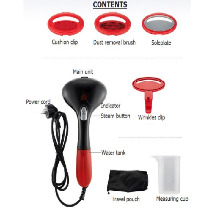 Handheld garment steamer kit with power cord, steam button, water tank, pouch